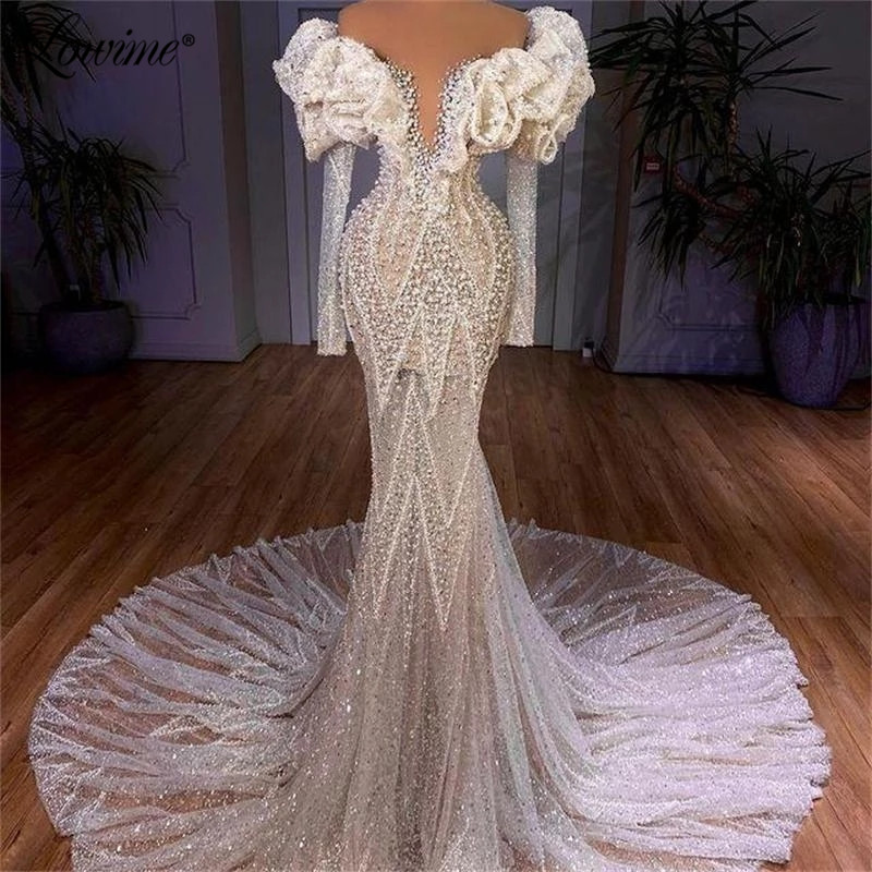 로브 이슬람 진주 이브닝 드레스 긴 인어 비즈 아이보리 파티 가운 2021 플러스 크기 사용자 정의 만든 두바이 아랍어 댄스 파티 드레스